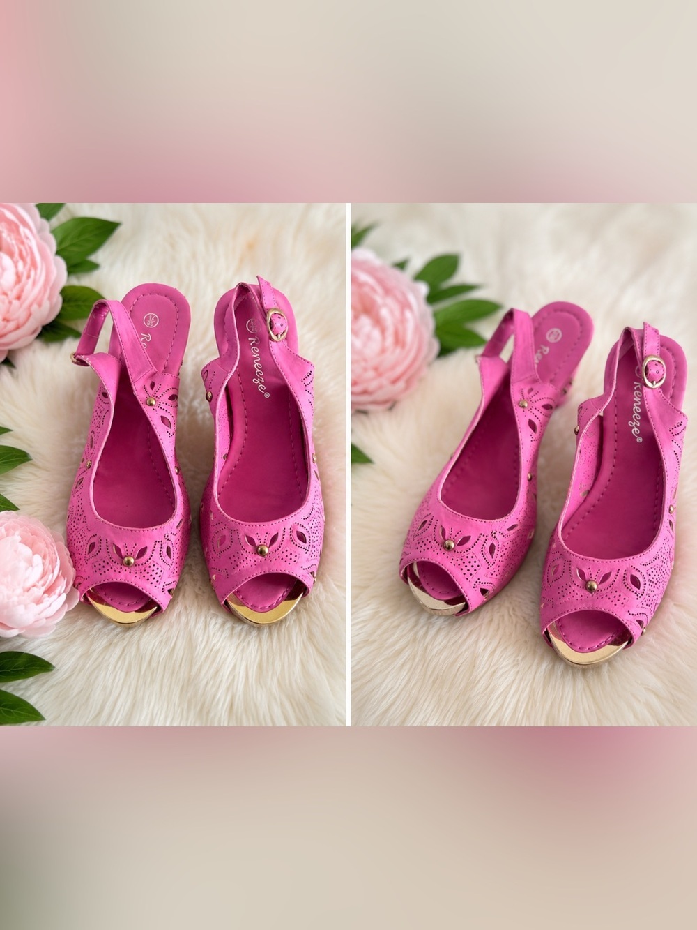 Reneeze Bright Pink Laser-Cut Peep-Toe Slingbacks with Gold Accent size 7,5